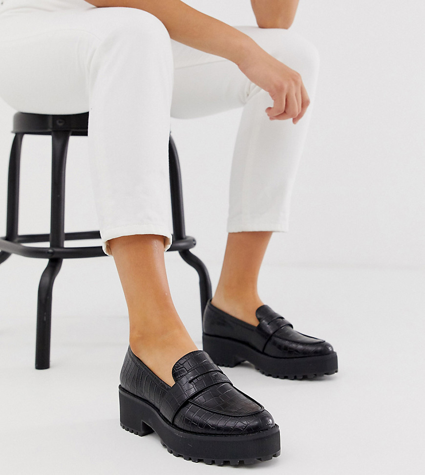 Monki croc print faux leather loafers in black