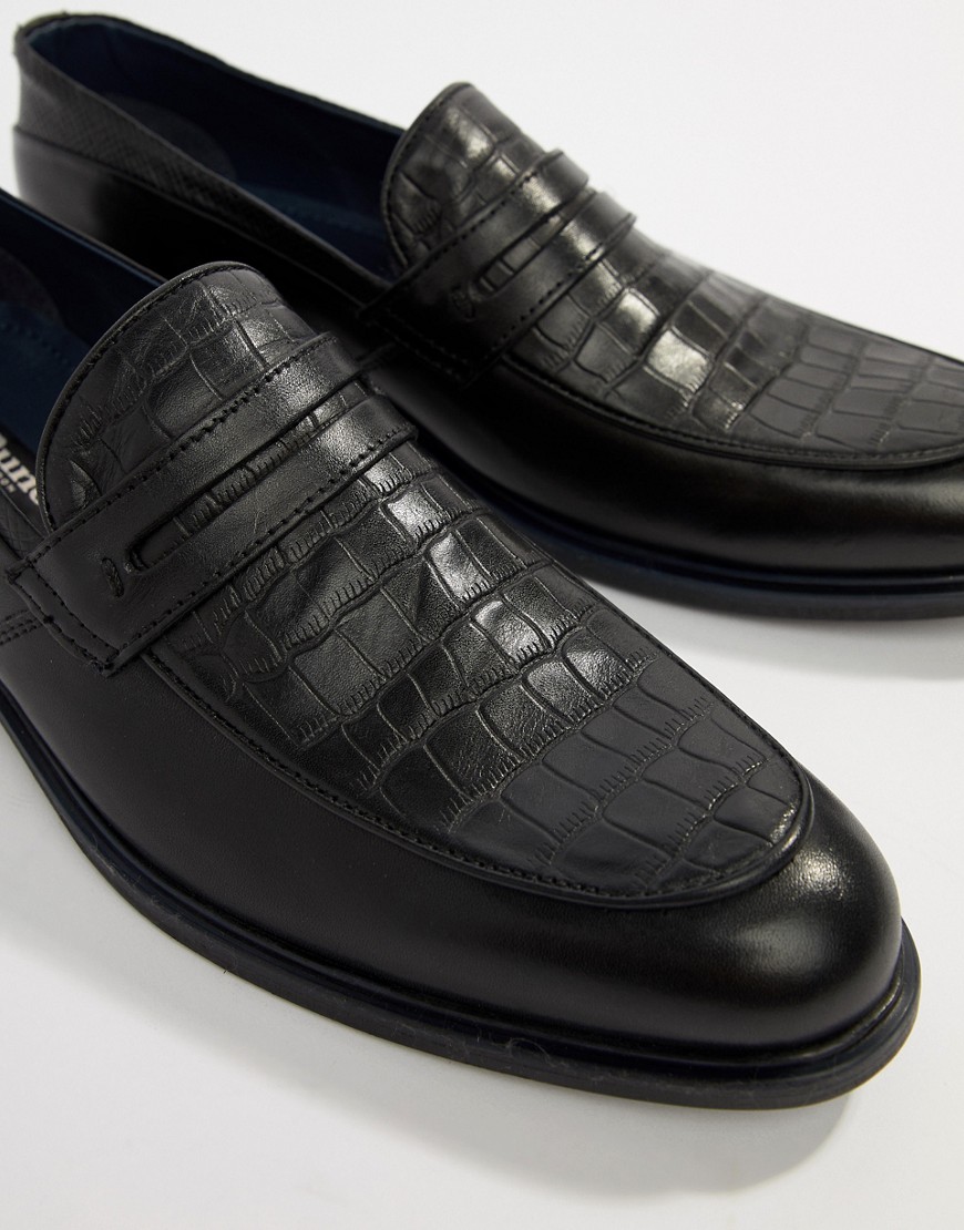 Dune Loafers In Black Leather Croc Mix And Navy Trim