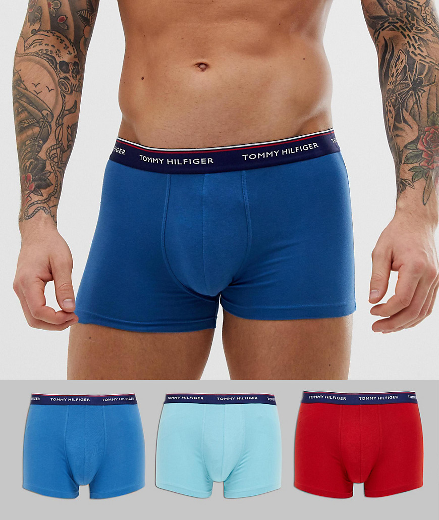 Tommy Hilfiger 3 pack trunks with contrast waistband in blue/blue/red