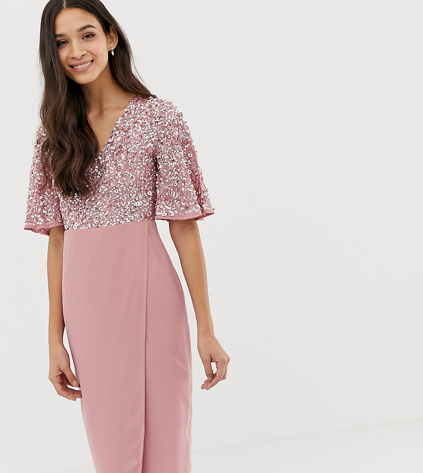 Maya sequin top midi pencil dress with flutter sleeve detail in vintage rose