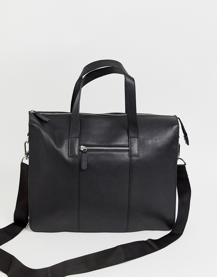 ASOS DESIGN leather satchel in black and metal zip