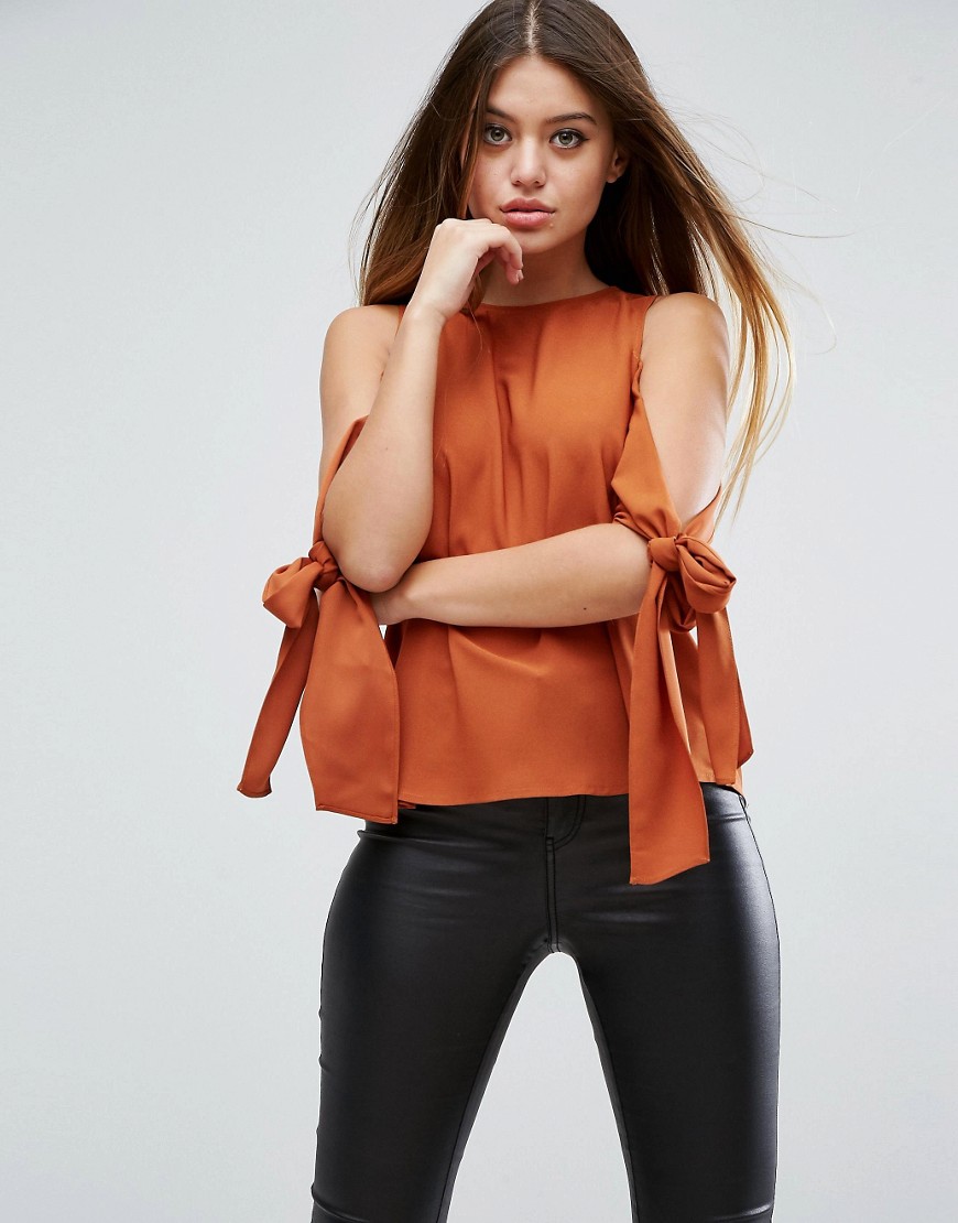 ASOS Cold Shoulder Top With Tie Sleeve - Ginger