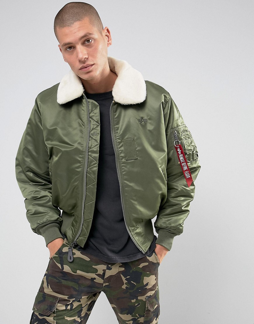 Alpha Industries B15 Faux Shearling Collar Bomber Jacket in Sage Green - Sage green