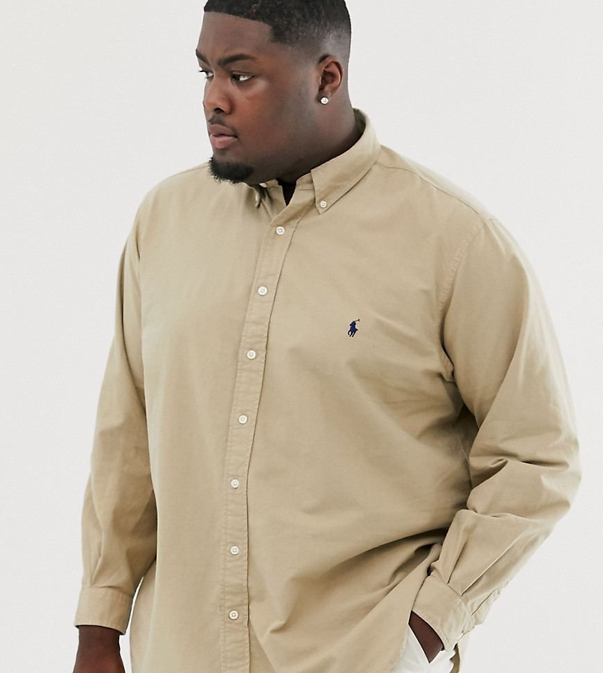 Ralph Lauren Big & Tall player logo classic fit buttondown garment dyed oxford shirt in surrey tan