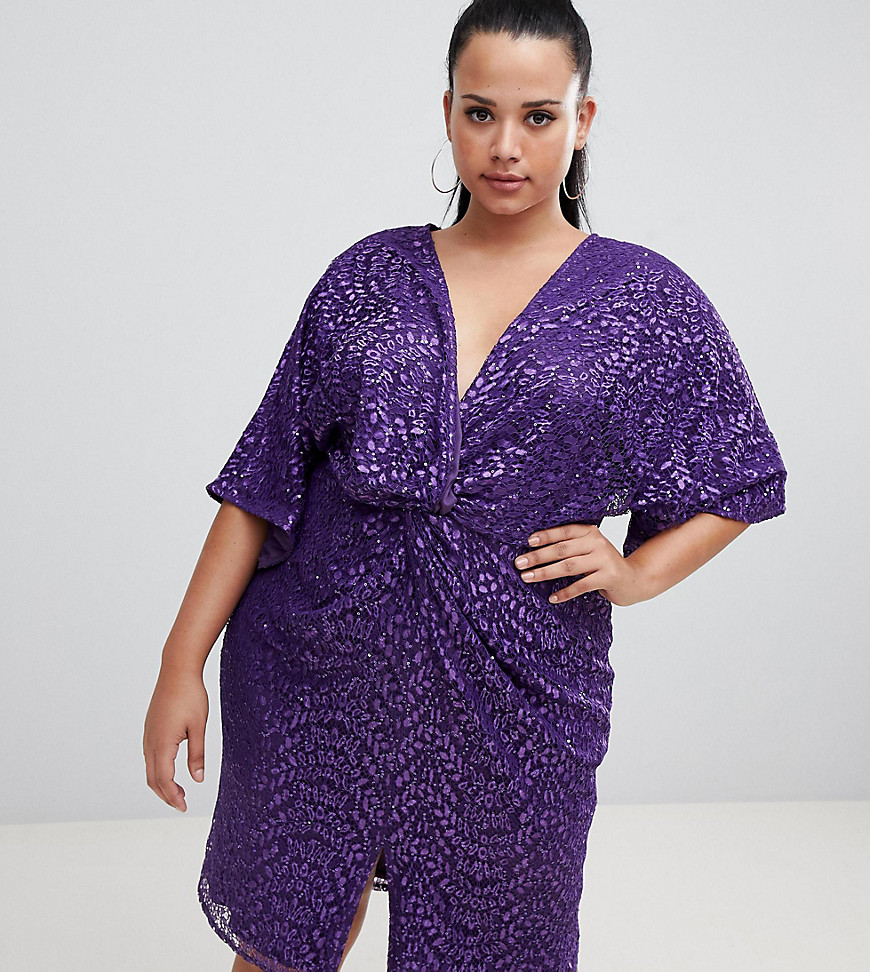 Little Mistress Plus all over sequin knot front midi dress in purple