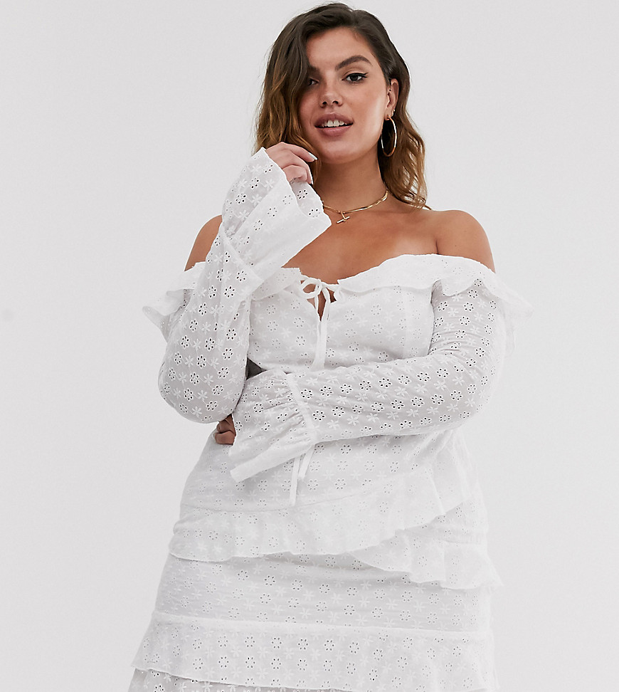 In The Style x Dani Dyer Plus off shoulder lace ruffle mini dress with asymmetric hem in white