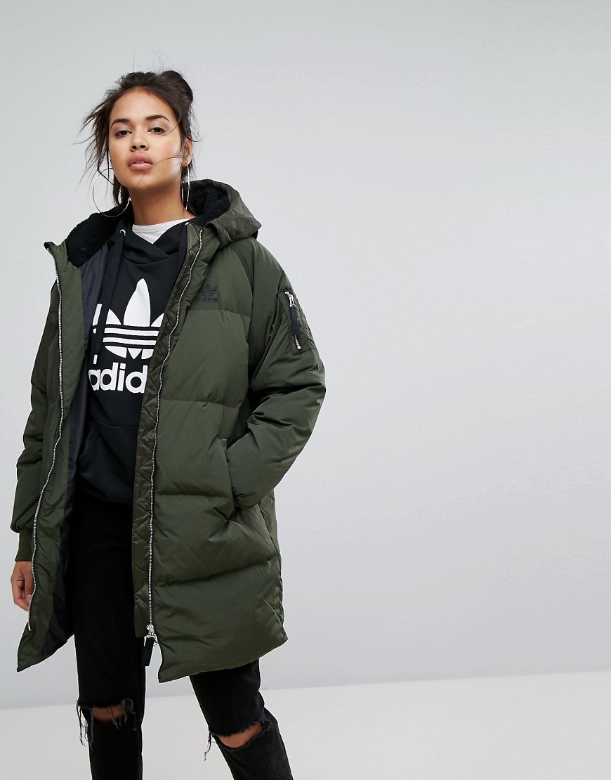 Adidas Originals Long Bomber Jacket In Khaki - Green