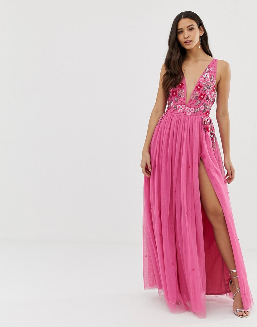 Dolly & Delicious 3D applique embellished plunge front maxi dress with thigh split in pink