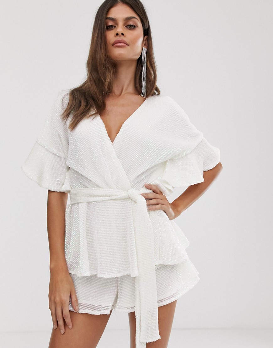 Lavish Alice sequin embellished tiered playsuit in white