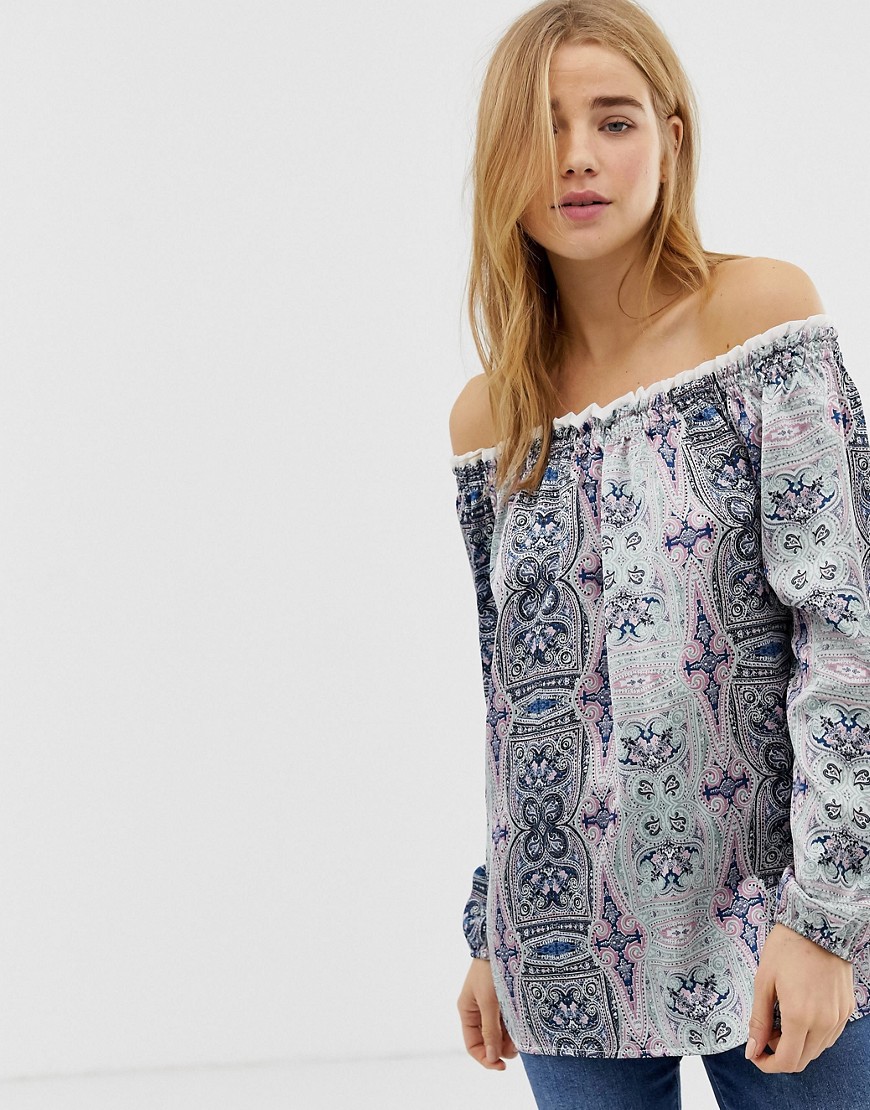 QED London off shoudler tunic top in border print