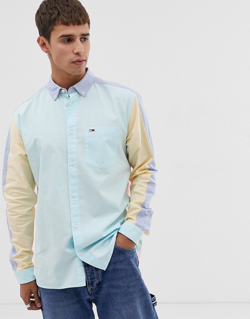 Tommy Jeans colour block oxford shirt with flag logo in green/yellow/blue