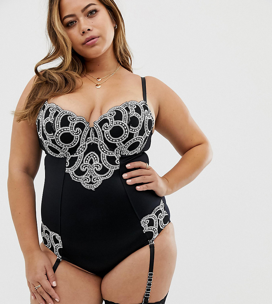 Figleaves Curve Decadence embroidered shapewear bodysuit with suspenders in black