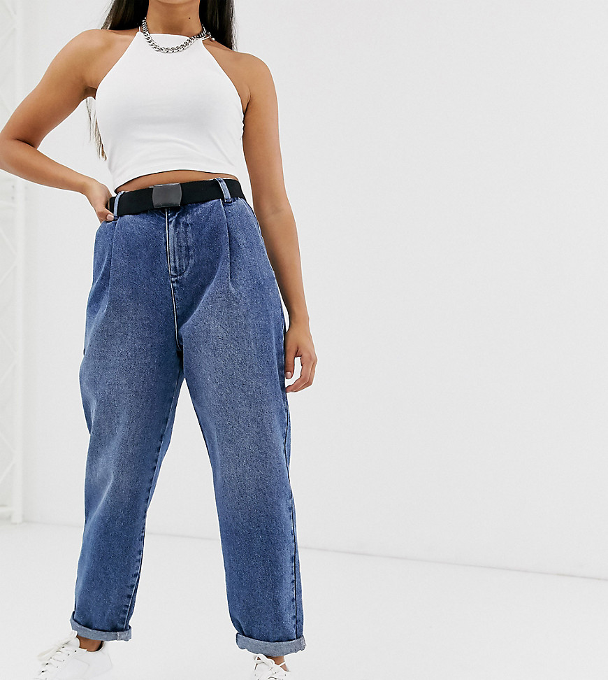 ASOS DESIGN Petite tapered leg boyfriend jeans with curve seam in mid vintage wash with webbing belt