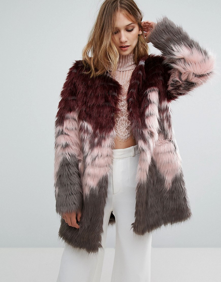 Urbancode Coat In Tri Colour Faux Fur - Red/pink/grey