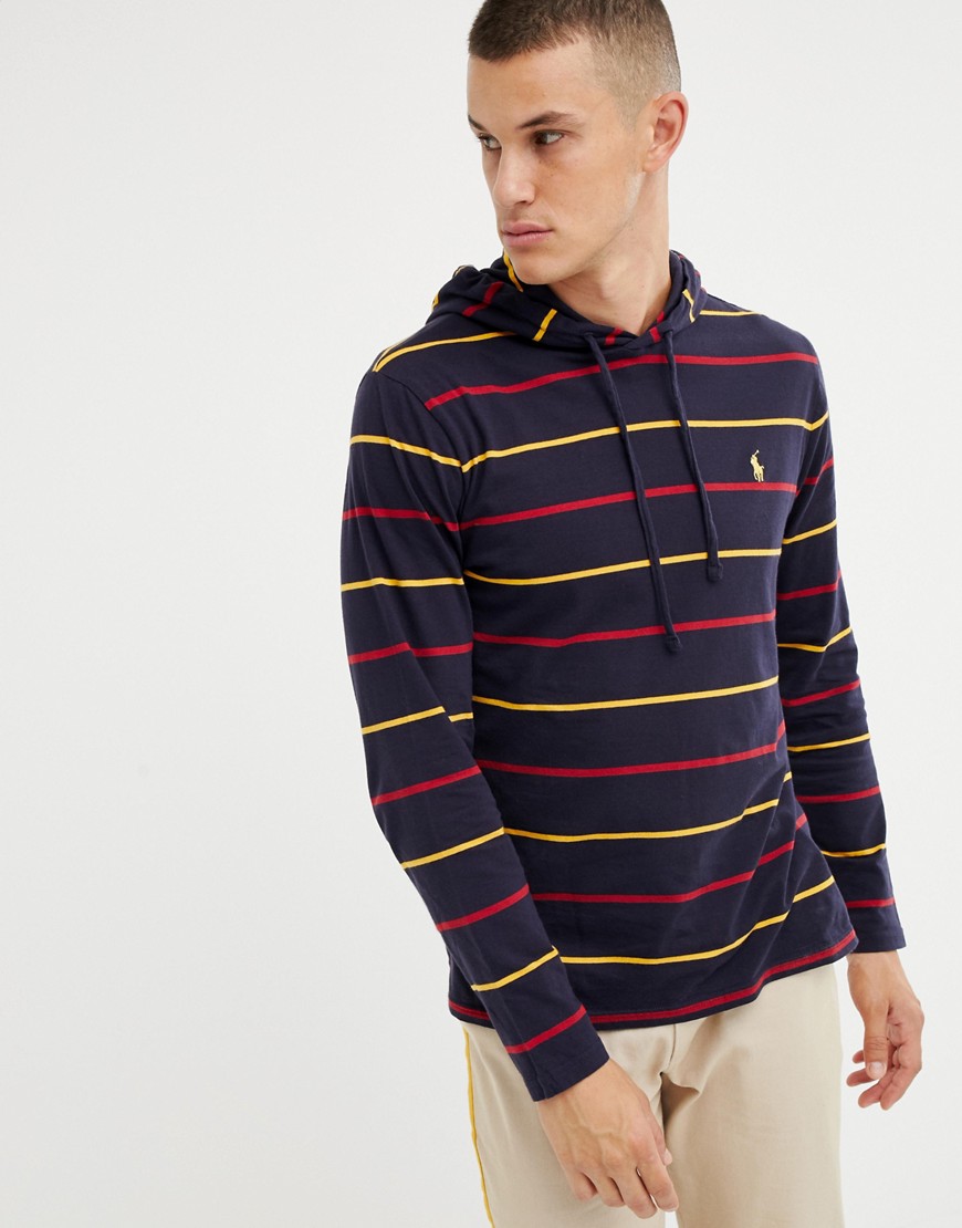 Polo Ralph Lauren long sleeve stripe hooded top player logo in navy