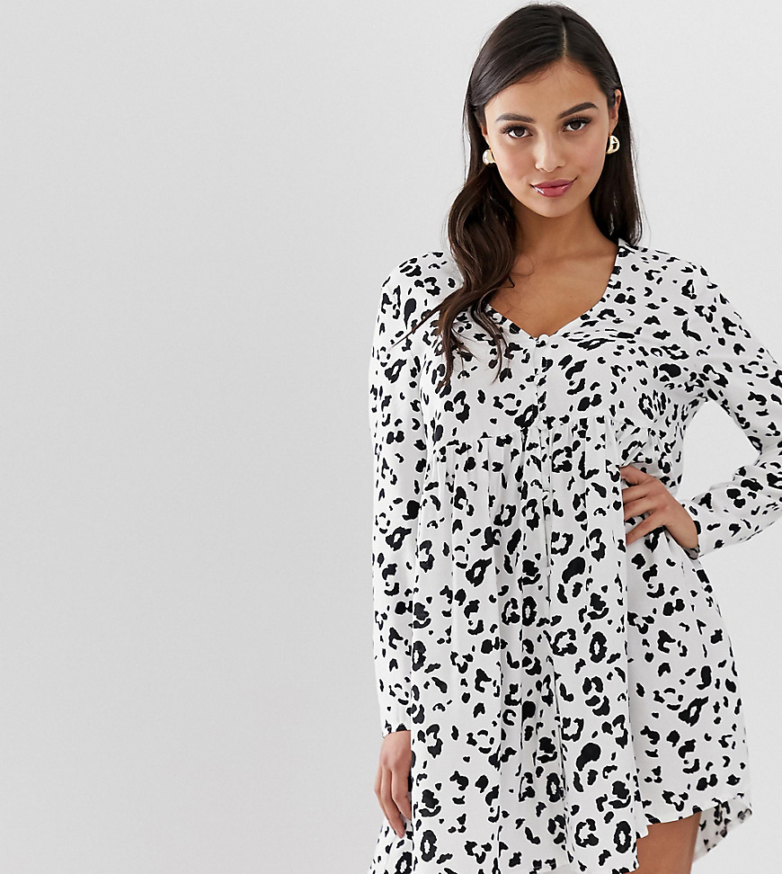 ASOS DESIGN Petite smock mini dress with button through in leopard print