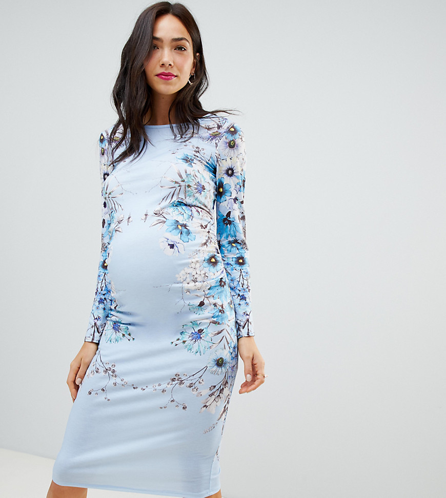 Bluebelle Maternity bodycon floral dress with sleeve - Blue/floral