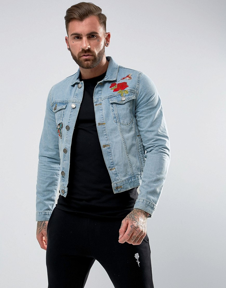 Rose London Denim Jacket With Floral Embroidery - Blue