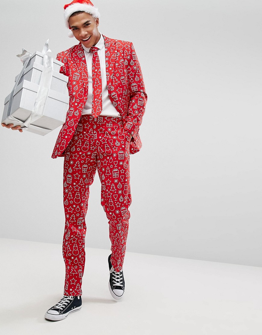 OppoSuits Suit  Tie In Xmas Print - Red