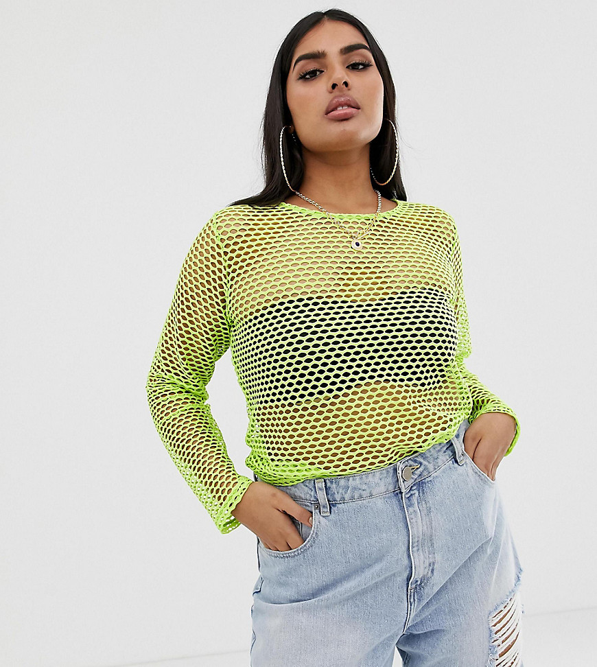 ASOS DESIGN Curve long sleeve fishnet top in bright green