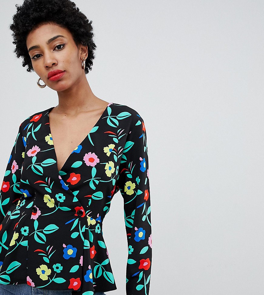 ASOS DESIGN Tall tux long sleeve top with button through detail in floral print