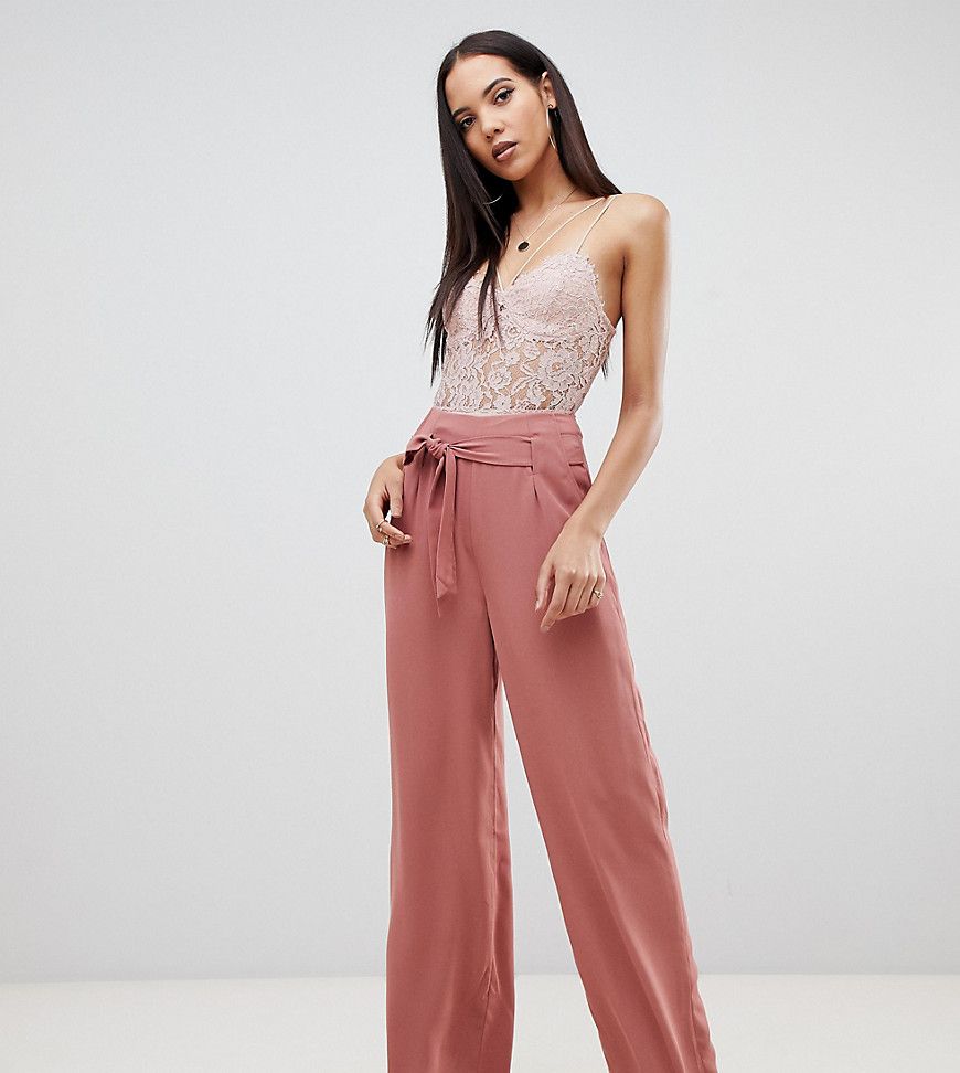 Missguided Tall exclusive tall tie waist wide leg trouser in mocha