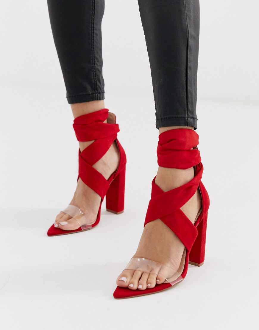 Public Desire Jordy bright red tie up block heeled sandals