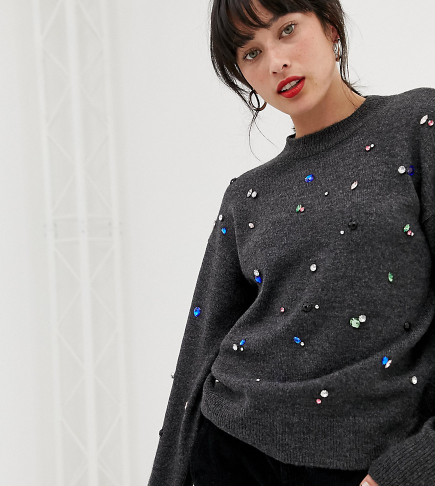 Warehouse jumper with jewel embellishment in charcoal grey