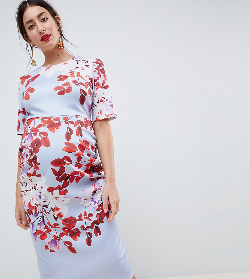 True Violet Maternity floral print midi dress with bow back
