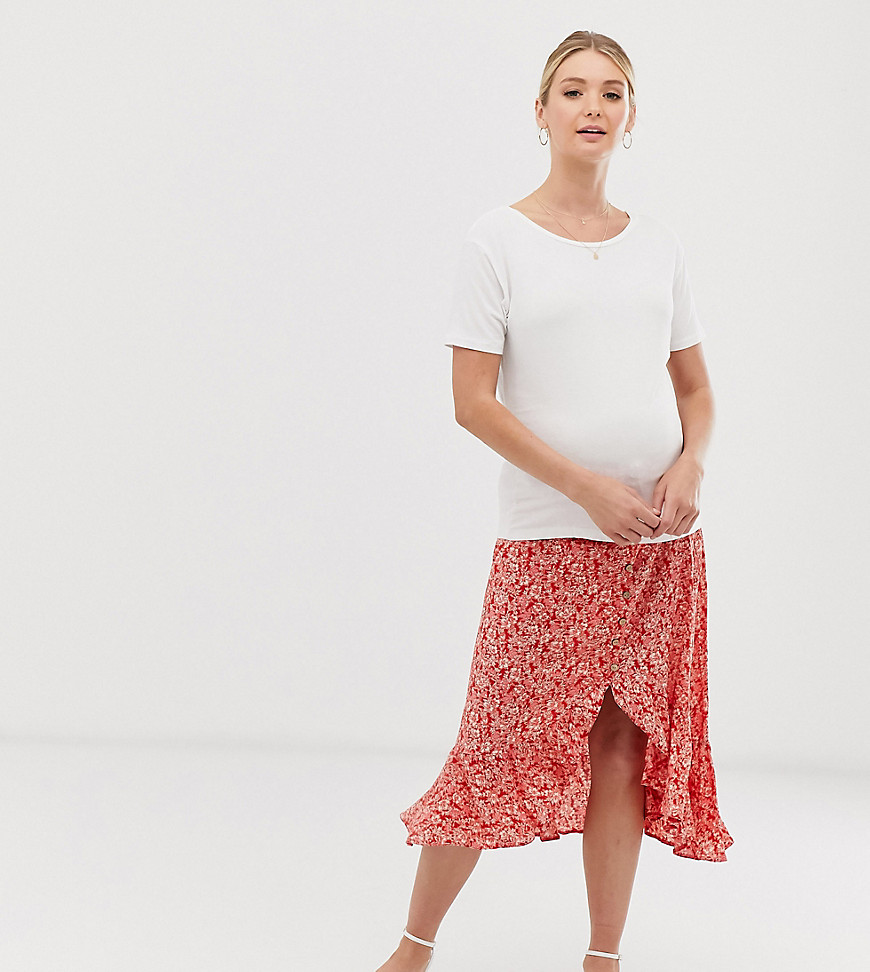 New Look Maternity side button ruffle midi skirt in red floral pattern