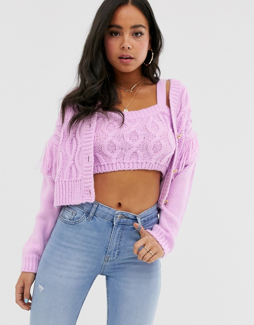 ASOS DESIGN co-ord cable fringe cardigan with button detail