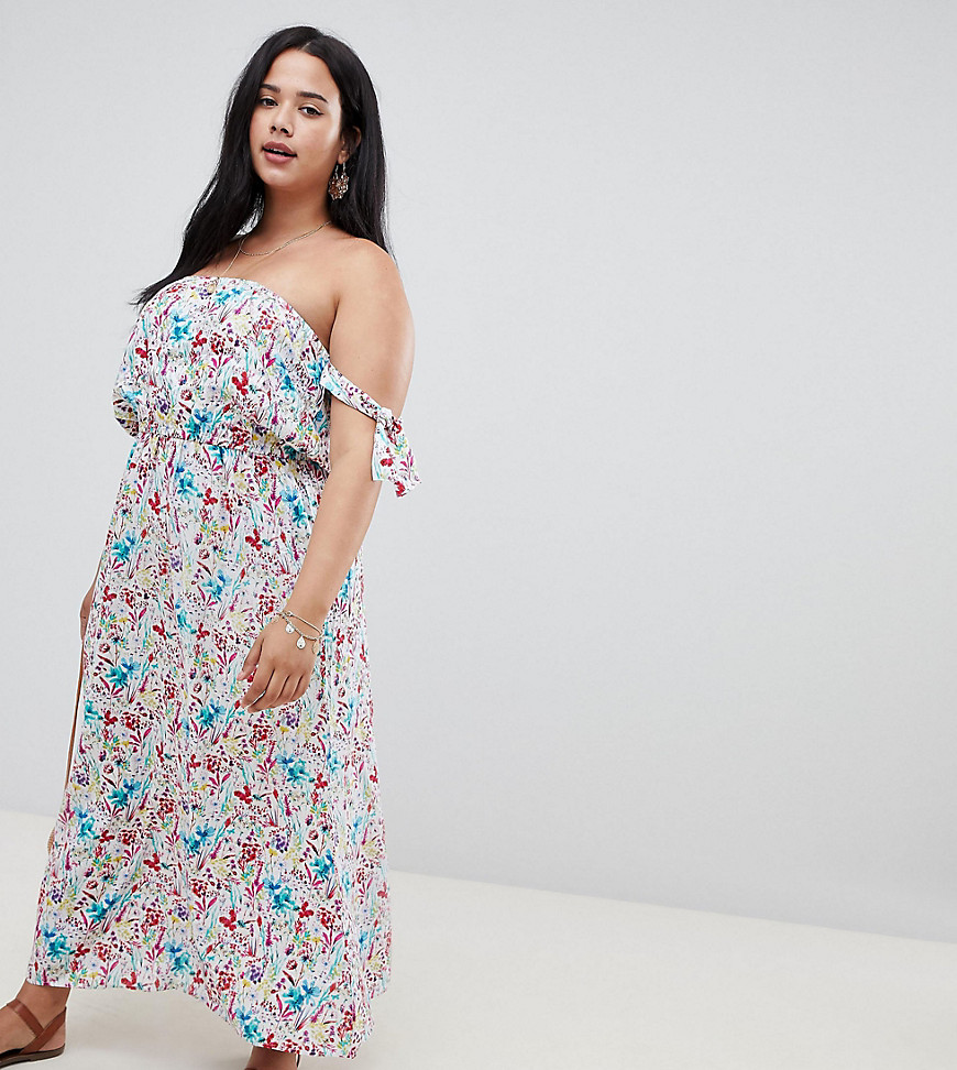 NVME Floral Bardot Maxi Dress With Tie Sleeve Detailing