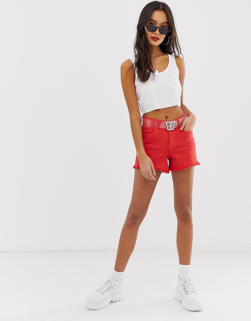 Noisy May high waist denim shorts in red