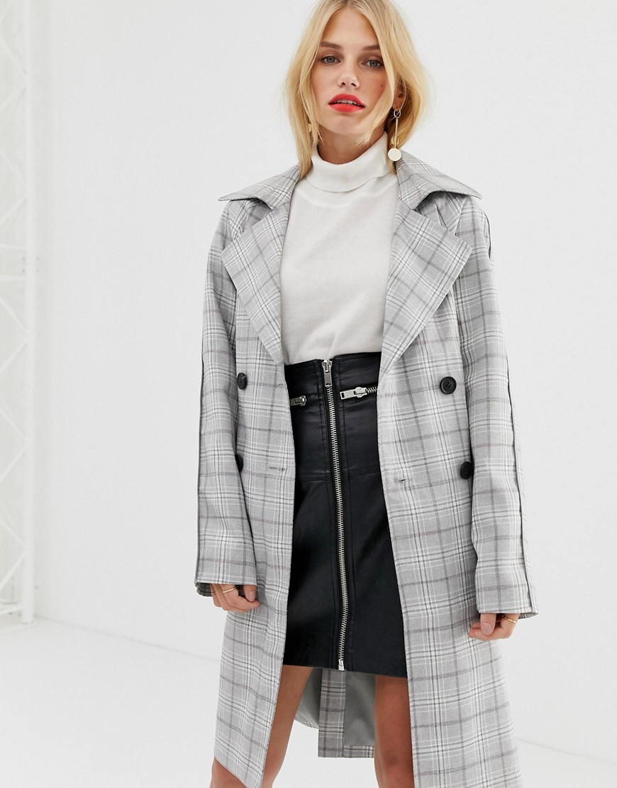 Pieces check double breasted trench coat