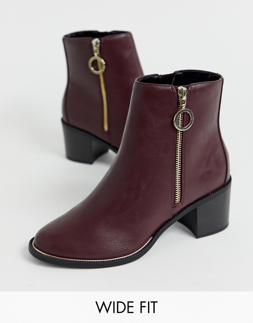 New look wide fit zip block heel boot in dark red