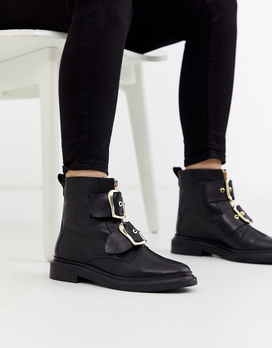 Asos Design Attribute Premium Leather Hardware Ankle Boots In Black