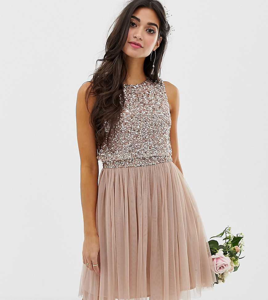 Maya Petite Bridesmaid sleeveless mini tulle dress with tonal delicate sequin overlay in taupe blush
