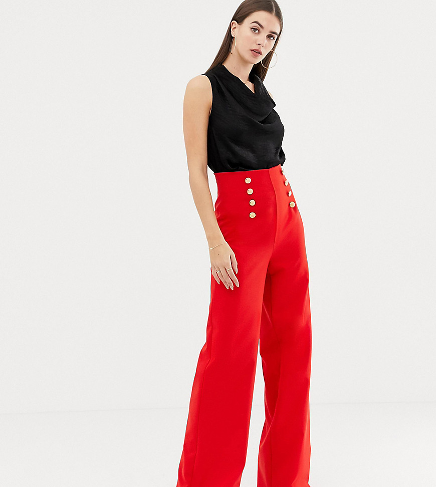 Flounce London Tall wide leg trousers with gold button detail in red