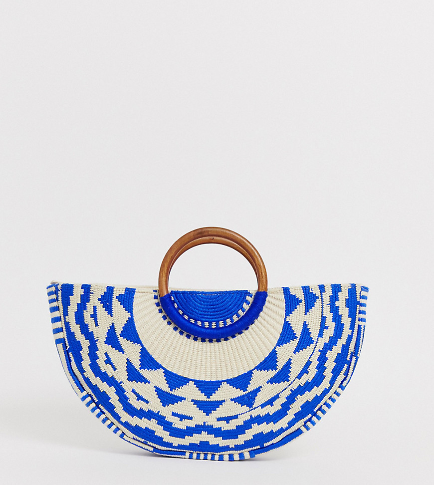 Accessorize Josephina blue woven embroidered moon grab clutch bag with wooden handle