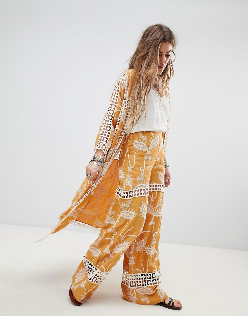 Native Rose Festival Flares In Embroidered Lace - Mustard