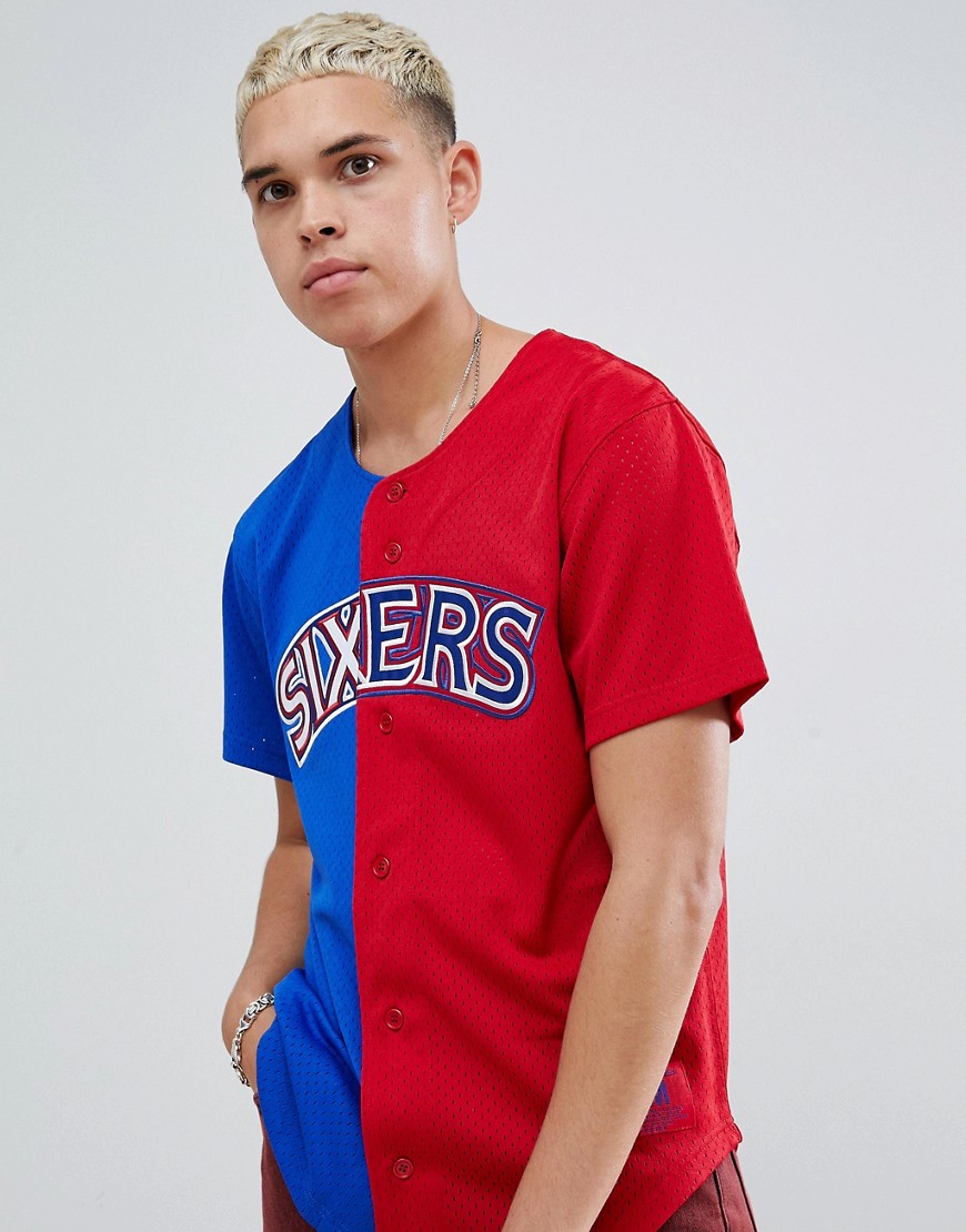 Mitchell & Ness Philadelphia 76Ers Split Mesh Button Front In Blue & Red