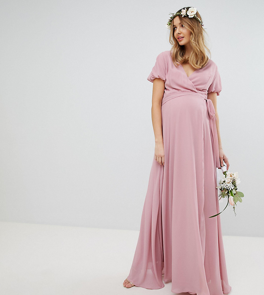 TFNC Maternity Wrap Maxi Bridesmaid Dress With Tie Detail And Puff Sleeves