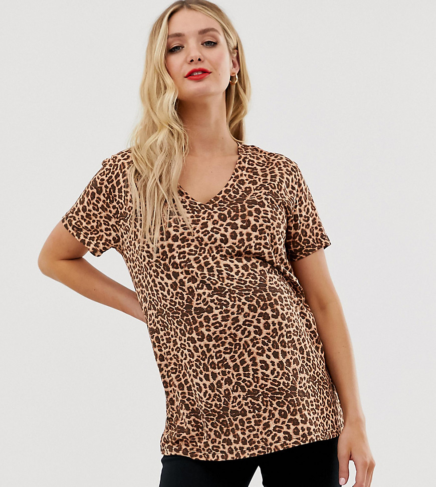ASOS DESIGN Maternity nursing double layer v-neck t-shirt in leopard print