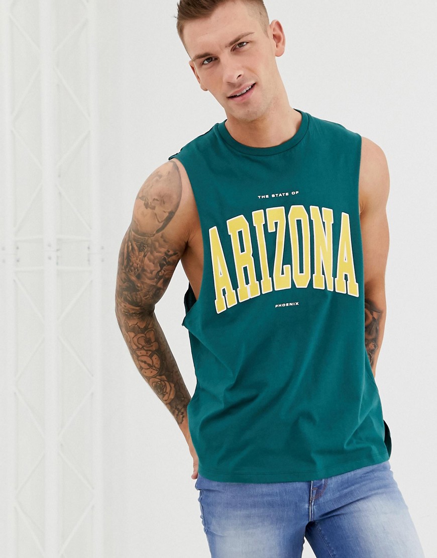 ASOS DESIGN vest with dropped armhole and city print in green