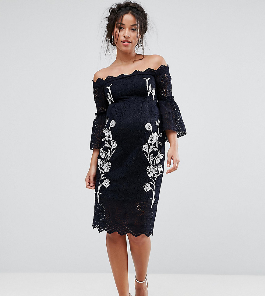 Hope & Ivy Maternity Bardot Lace Pencil Dress With Embroidery