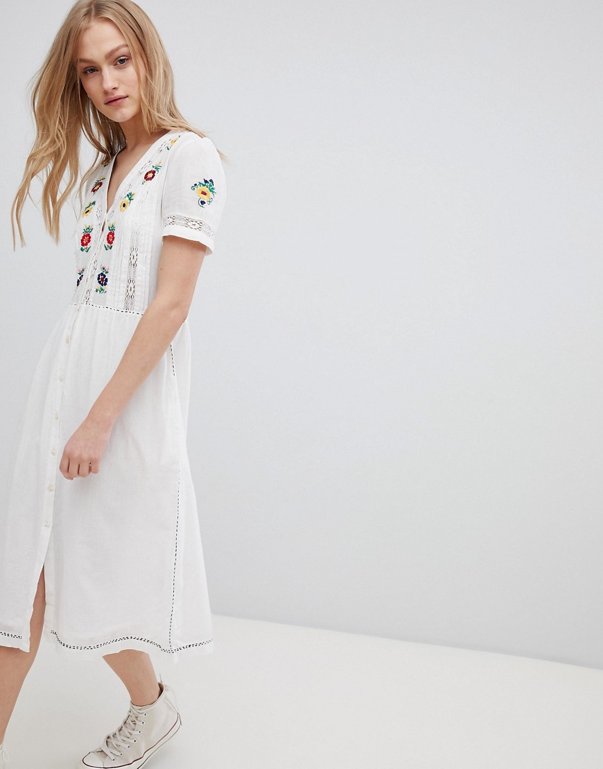 Leon and Harper Embroidered Midi Dress with Button Front - White