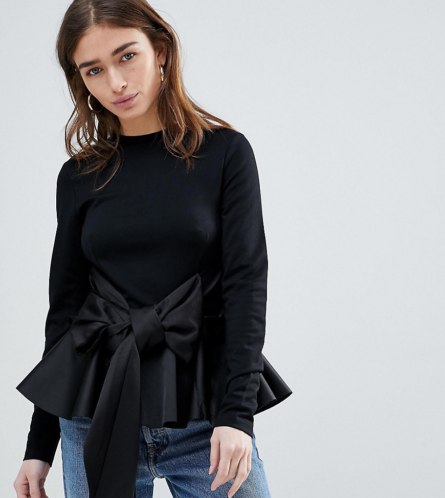 Lost Ink Petite Long Sleeve Top With Peplum Hem And Large Bow - Black