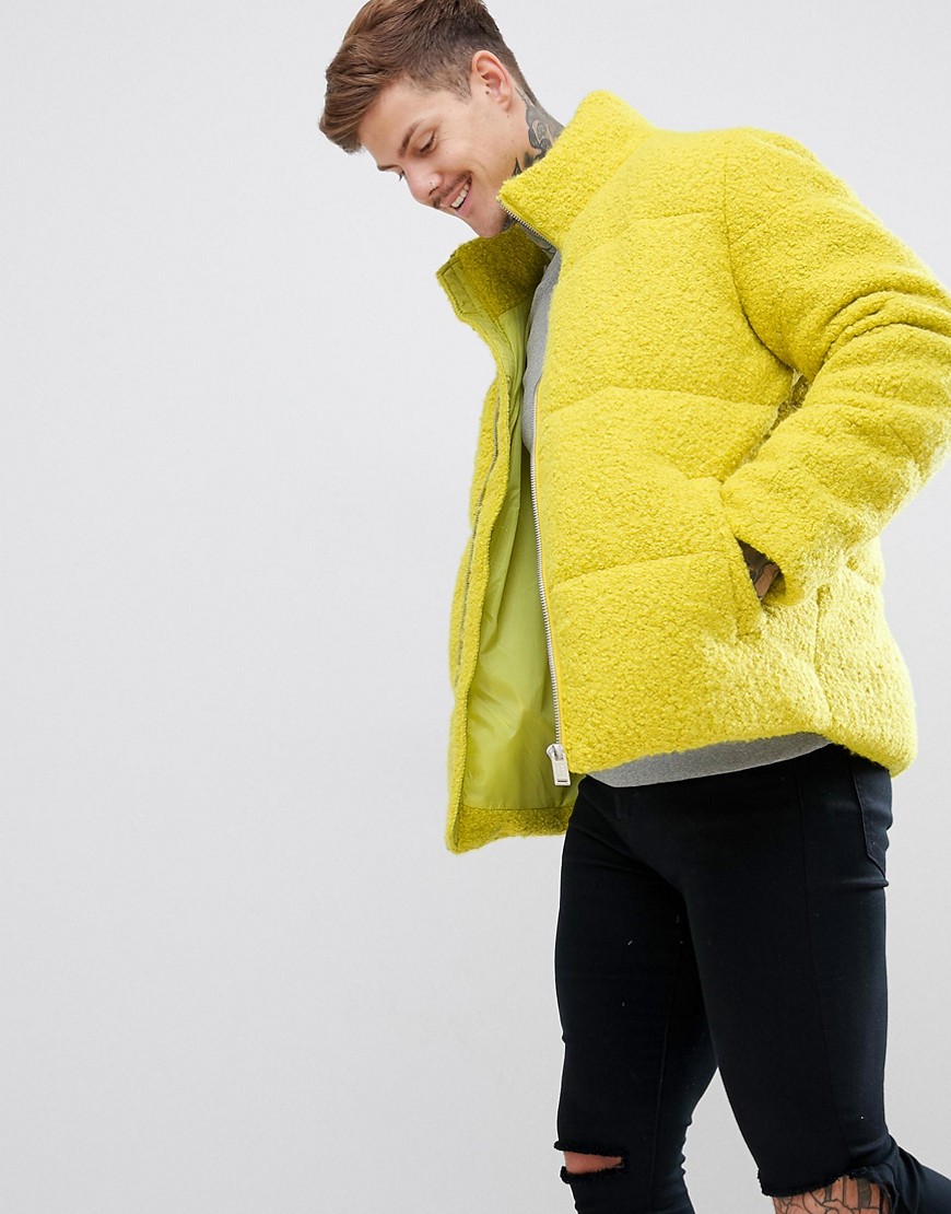 boohooMAN borg puffer coat in yellow