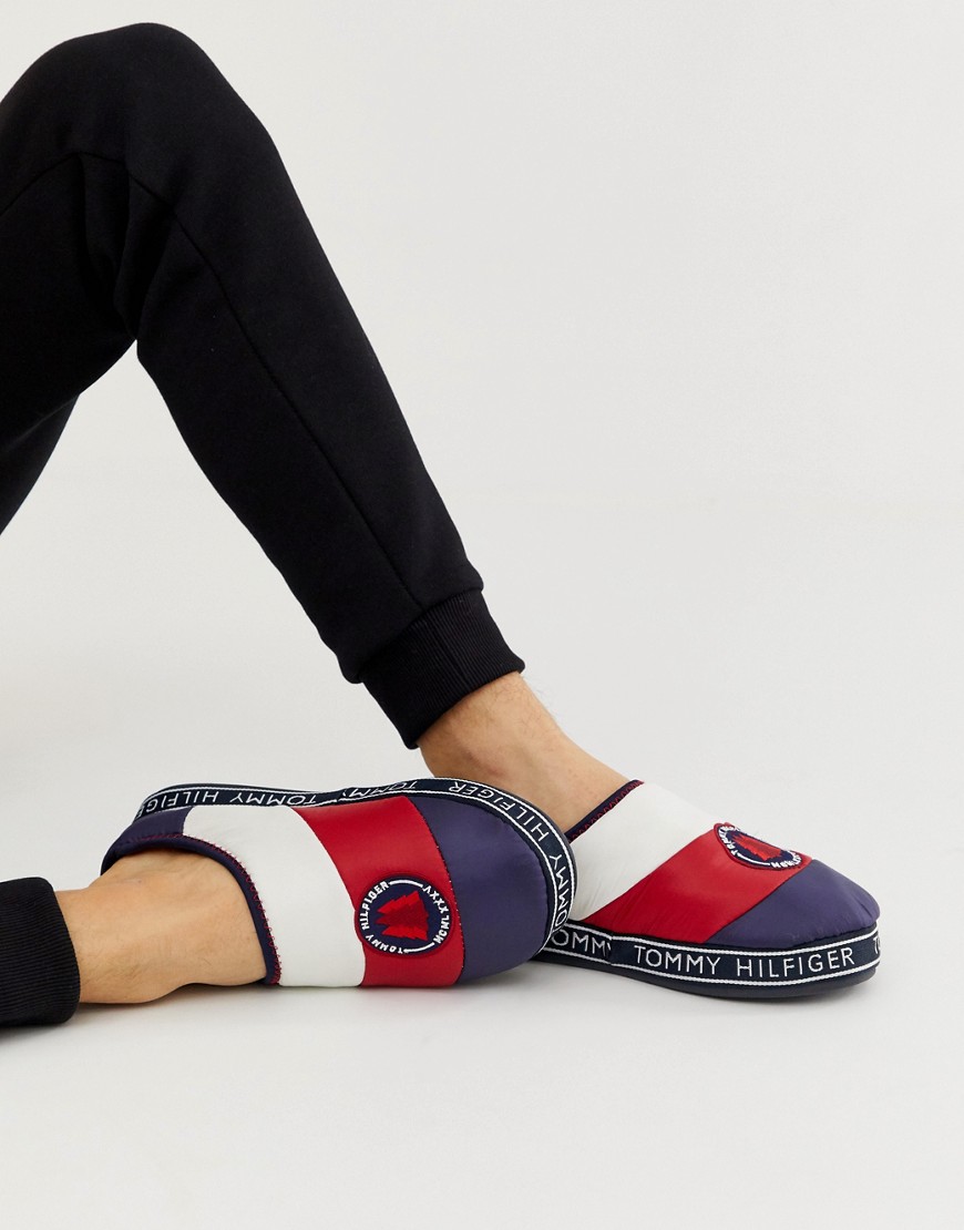 Tommy Hilfiger mountain logo patch icon colour block quilted slipper in red/white/blue