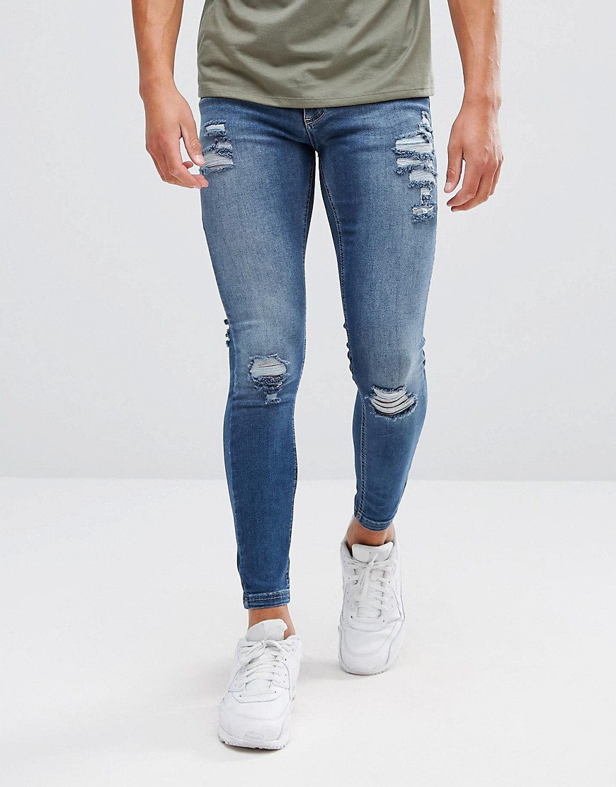 11 Degrees Super Skinny Jeans In Midwash Blue With Distressing